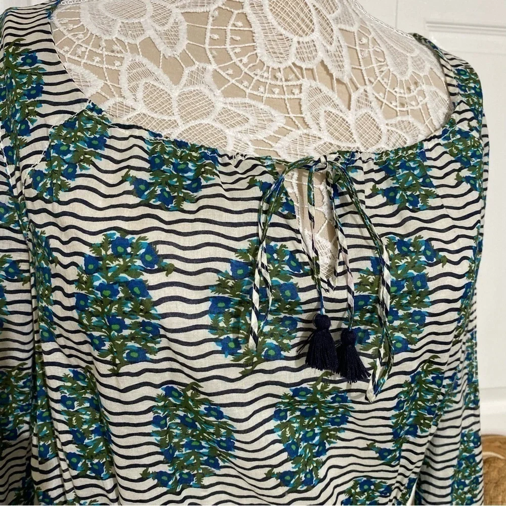 Tory Burch Top white Green Flora Cotton Scoop Neck Keyhole Tunic Elastic waist 6
